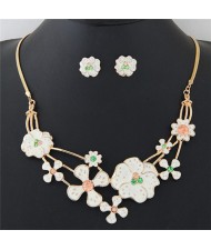Rhinestone Inlaid Oil Spot Glazed Sweet White Flowers Costume Necklace and Earrings Set