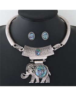 Resin Gems Embellished Folk Style Elephant Pendant Silver Chunky Statement Necklace