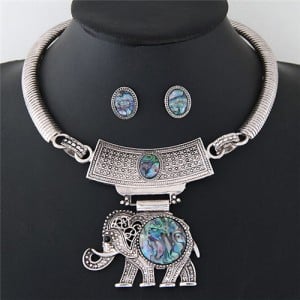 Resin Gems Embellished Folk Style Elephant Pendant Silver Chunky Statement Necklace