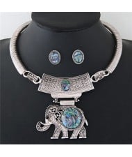 Resin Gems Embellished Folk Style Elephant Pendant Silver Chunky Statement Necklace