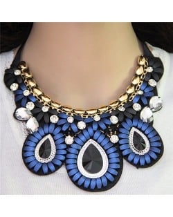 Glass Gems Embellished Bohemian Fashion Triple Flowers Design Chunky Ribbon Necklace - Blue