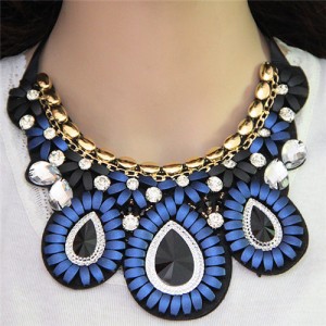 Glass Gems Embellished Bohemian Fashion Triple Flowers Design Chunky Ribbon Necklace - Blue