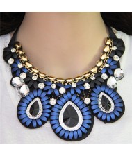 Glass Gems Embellished Bohemian Fashion Triple Flowers Design Chunky Ribbon Necklace - Blue