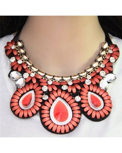 Glass Gems Embellished Bohemian Fashion Triple Flowers Design Chunky Ribbon Necklace - Pink