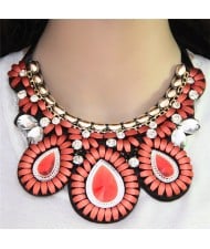 Glass Gems Embellished Bohemian Fashion Triple Flowers Design Chunky Ribbon Necklace - Pink