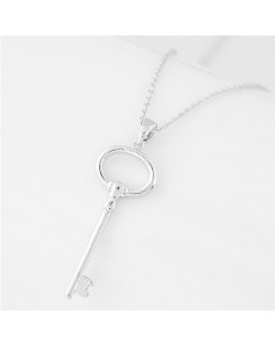 Delicate Classical Key Pendant Design Long Chain Fashion Necklace - Silver