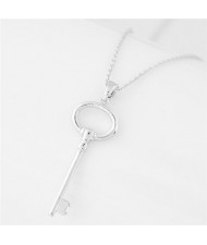 Delicate Classical Key Pendant Design Long Chain Fashion Necklace - Silver