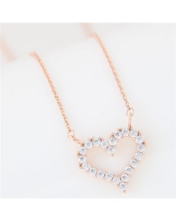 Cubic Zirconia Embellished Adorable Heart Pendant Korean Fashion Long Necklace - Golden