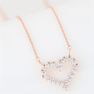 Cubic Zirconia Embellished Adorable Heart Pendant Korean Fashion Long Necklace - Golden