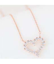 Cubic Zirconia Embellished Adorable Heart Pendant Korean Fashion Long Necklace - Golden
