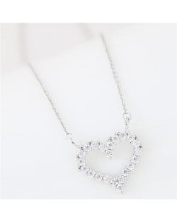 Cubic Zirconia Embellished Adorable Heart Pendant Korean Fashion Long Necklace - Silver