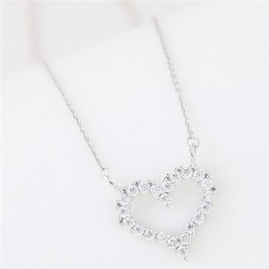 Cubic Zirconia Embellished Adorable Heart Pendant Korean Fashion Long Necklace - Silver