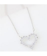 Cubic Zirconia Embellished Adorable Heart Pendant Korean Fashion Long Necklace - Silver