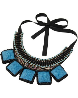 Square Turquoise and Crystal Beads Embellished Bohemian Fashion Chunky Statement Necklace - Blue