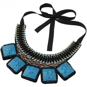 Square Turquoise and Crystal Beads Embellished Bohemian Fashion Chunky Statement Necklace - Blue