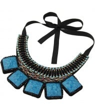 Square Turquoise and Crystal Beads Embellished Bohemian Fashion Chunky Statement Necklace - Blue