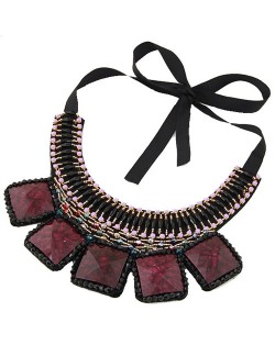 Square Turquoise and Crystal Beads Embellished Bohemian Fashion Chunky Statement Necklace - Purple
