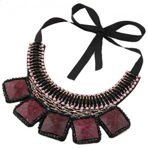Square Turquoise and Crystal Beads Embellished Bohemian Fashion Chunky Statement Necklace - Purple