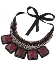 Square Turquoise and Crystal Beads Embellished Bohemian Fashion Chunky Statement Necklace - Purple
