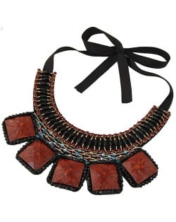 Square Turquoise and Crystal Beads Embellished Bohemian Fashion Chunky Statement Necklace - Coffee