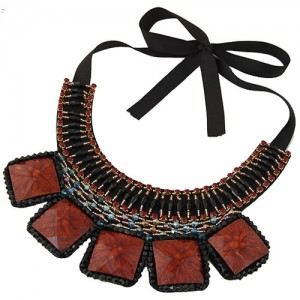 Square Turquoise and Crystal Beads Embellished Bohemian Fashion Chunky Statement Necklace - Coffee