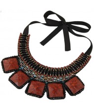 Square Turquoise and Crystal Beads Embellished Bohemian Fashion Chunky Statement Necklace - Coffee