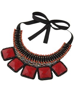 Square Turquoise and Crystal Beads Embellished Bohemian Fashion Chunky Statement Necklace - Red