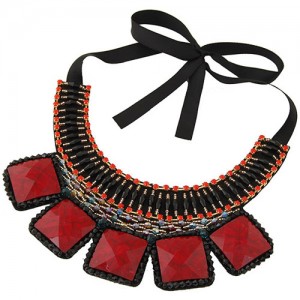 Square Turquoise and Crystal Beads Embellished Bohemian Fashion Chunky Statement Necklace - Red
