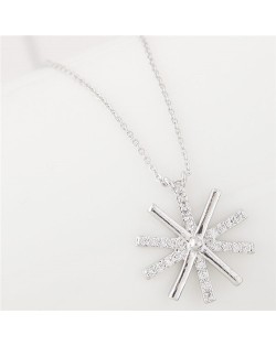 Cubic Zirconia Inlaid Delicate Snowflake Pendant Long Chain Fashion Necklace - Silver