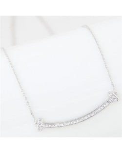 Cubic Zirconia Inlaid Sweet Arch Design Pendant Long Fashion Necklace - Silver