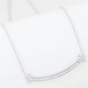 Cubic Zirconia Inlaid Sweet Arch Design Pendant Long Fashion Necklace - Silver