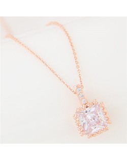 Graceful Rimmed Square Cubic Zirconia Long Fashion Necklace - Golden