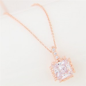 Graceful Rimmed Square Cubic Zirconia Long Fashion Necklace - Golden