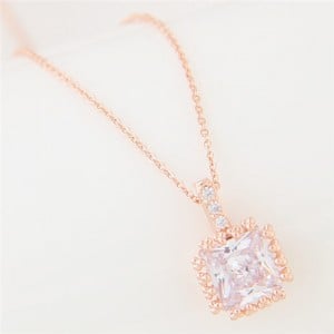 Graceful Rimmed Square Cubic Zirconia Long Fashion Necklace - Golden