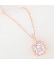Graceful Rimmed Square Cubic Zirconia Long Fashion Necklace - Golden