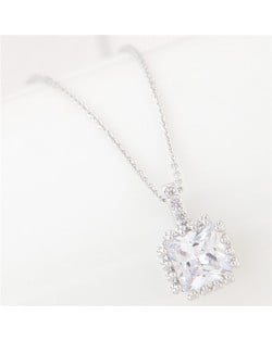 Graceful Rimmed Square Cubic Zirconia Long Fashion Necklace - Silver