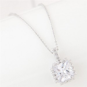 Graceful Rimmed Square Cubic Zirconia Long Fashion Necklace - Silver