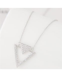 Cubic Zirconia Embellished Dual Triangles Hollow Fashion Necklace - Silver