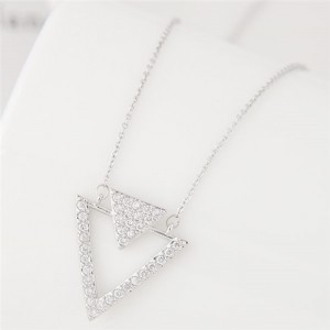 Cubic Zirconia Embellished Dual Triangles Hollow Fashion Necklace - Silver