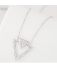 Cubic Zirconia Embellished Dual Triangles Hollow Fashion Necklace - Silver