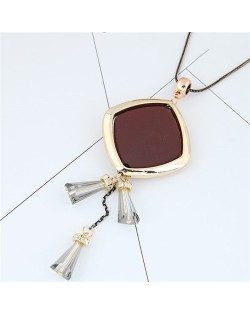 Crystal Beads Tassel Golden Rimmed Square Pendant Design Sweater Chain/ Necklace