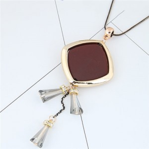 Crystal Beads Tassel Golden Rimmed Square Pendant Design Sweater Chain/ Necklace