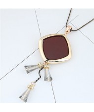 Crystal Beads Tassel Golden Rimmed Square Pendant Design Sweater Chain/ Necklace