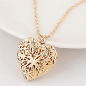 Hollow Floral Style Heart Picture Holder Pendant Design Fashion Necklace - Golden