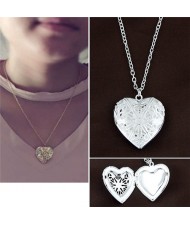 Hollow Floral Style Heart Picture Holder Pendant Design Fashion Necklace - Silver