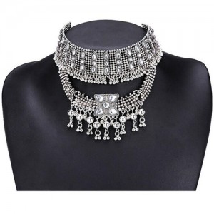 Rhinestone Embellished with Bells Pendants Vintage Choker Necklace - Silver