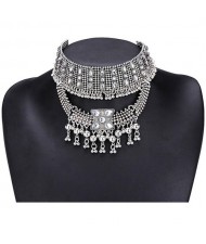 Rhinestone Embellished with Bells Pendants Vintage Choker Necklace - Silver