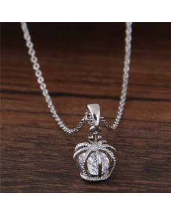 Cubic Zirconia Inlaid Crown Pendant Sweet Fashion Necklace - Silver
