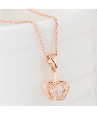 Cubic Zirconia Inlaid Crown Pendant Sweet Fashion Necklace - Golden