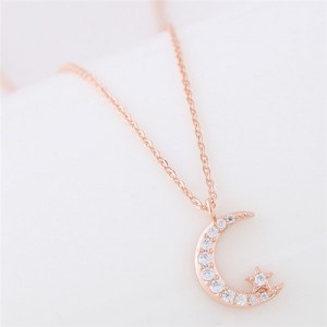 Moon and Shining Star Pendant Long Chain Fashion Necklace - Golden